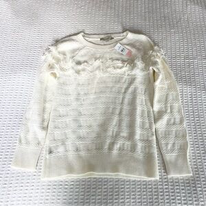 LOFT Ivory Textured Pullover fringe 100% cotton sweater size Medium NWT